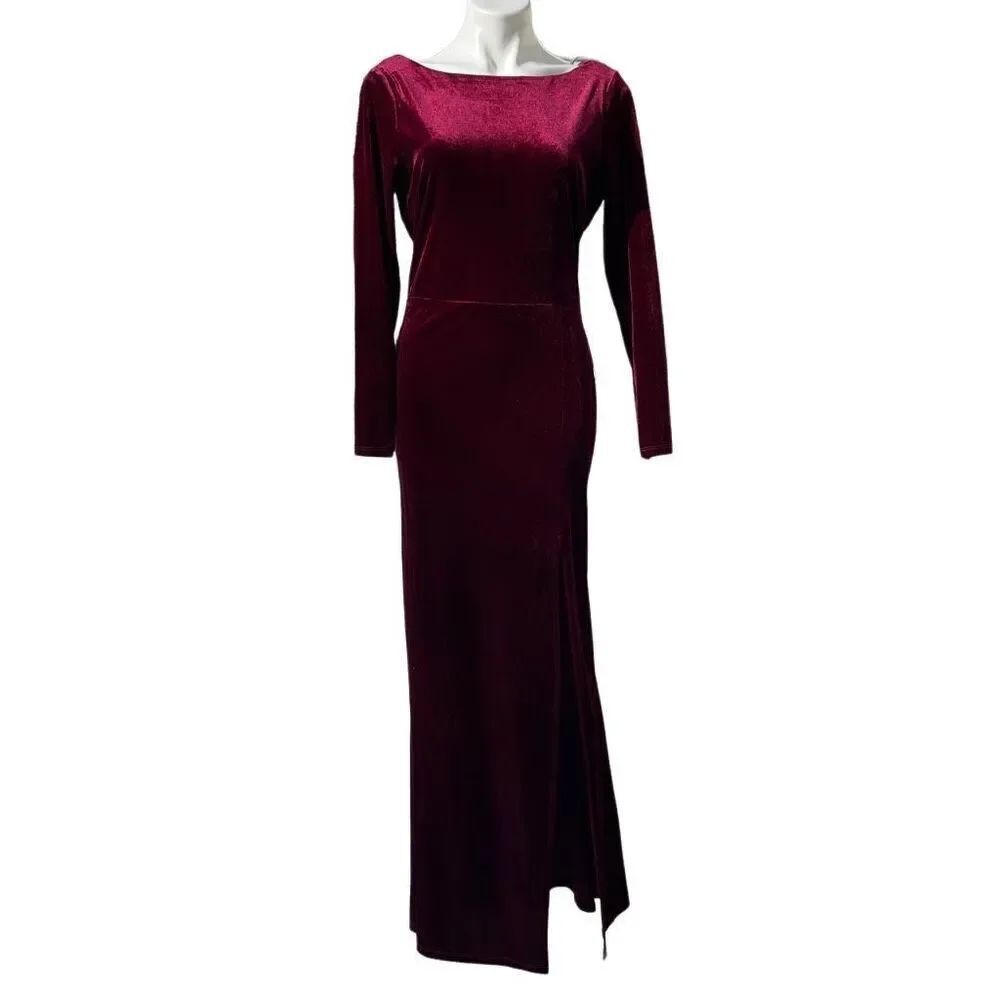 Rebecca B Womens Evening velvet Dress Long Sleeve Maxi Lined Stretch Party wine